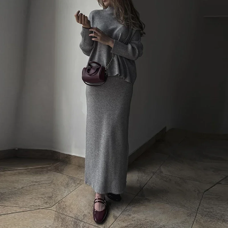 Vintage Solid Long Sleeve Slim Outfit 2024 Autumn Winter Loose Knitted Two Piece Set Female Turtleneck Sweater + Half Skirt Suit