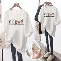 Camisa de lactancia de maternidad, Top de lactancia de manga corta, camiseta de lactancia con dibujos animados de embarazo para mujer, Ropa Embarazada informal fruncida lateral