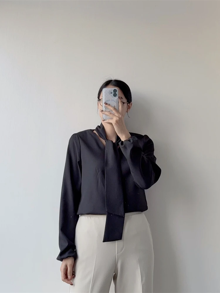 

Slimming Long Sve Bow Tie Commuter irt Women's Faion Basic Sle Polyester Fiber Gathered Cuff Spring New Arrival