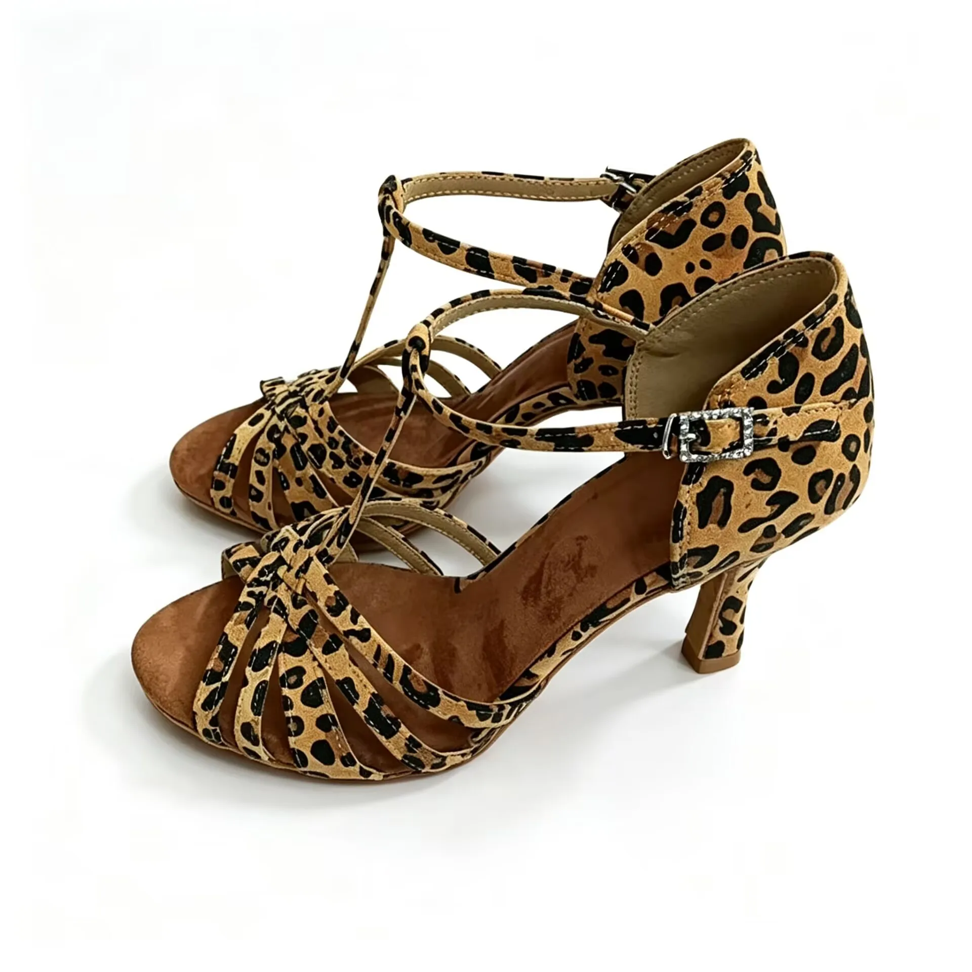 Women Leopard Latin Dance Shoes T-Strap Crystal Buckle Mid Heel Suede Sole Salsa Tango Ballroom Competition Training Footwear
