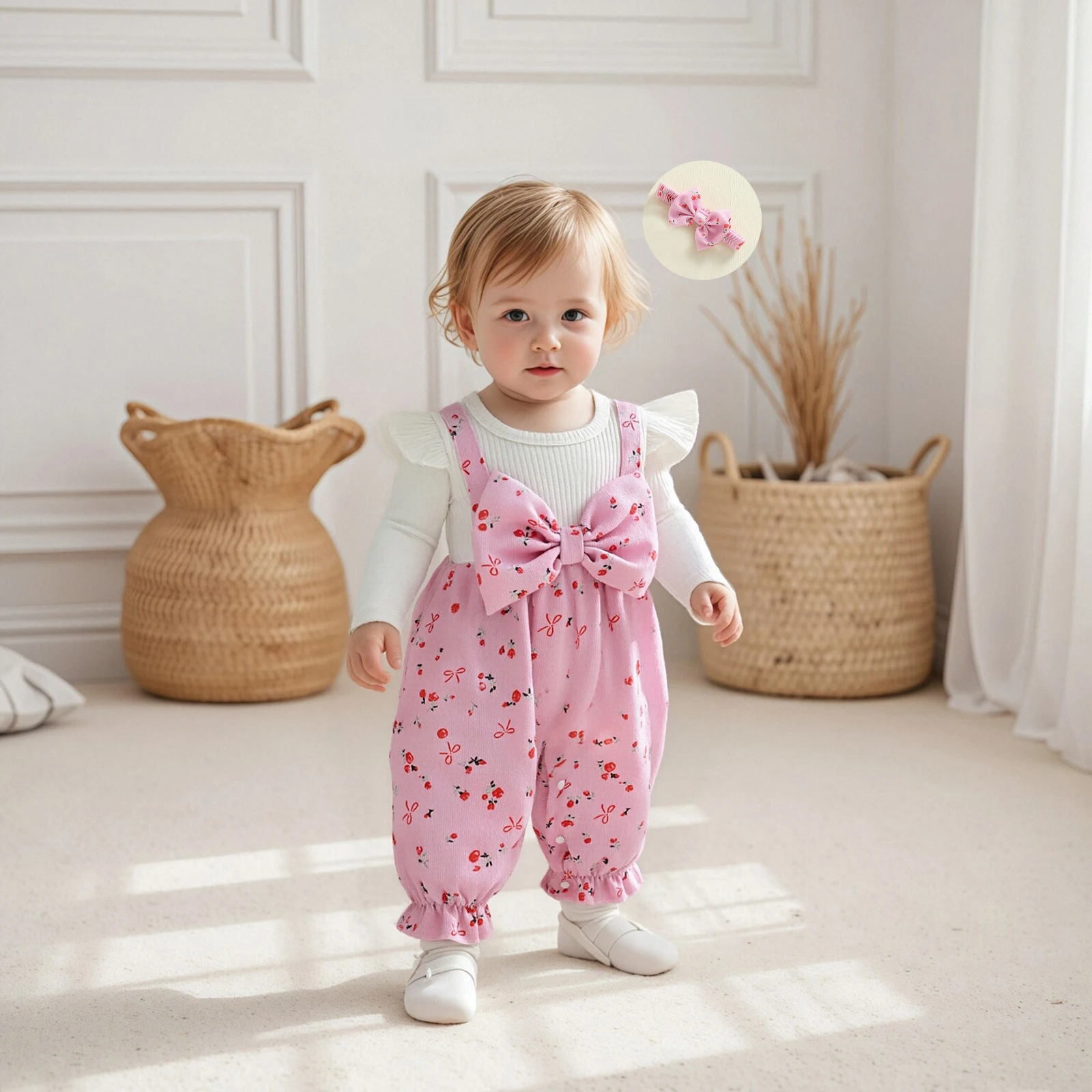 Tenue d'automne pour bébé fille, combinaison à manches longues avec imprimé nœud floral et bandeau, vêtements pour bébé