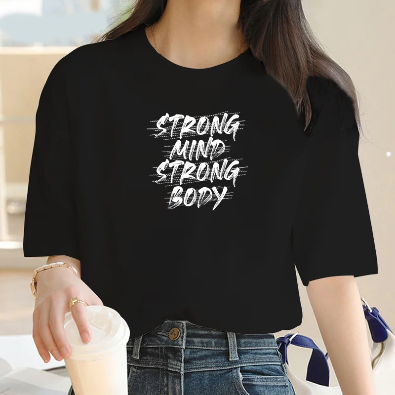 Strong Mind Strong body Text Printed T-shirt Fashion O neck short sleeve Top Street women Y2k preppy casual sweet T-shirt