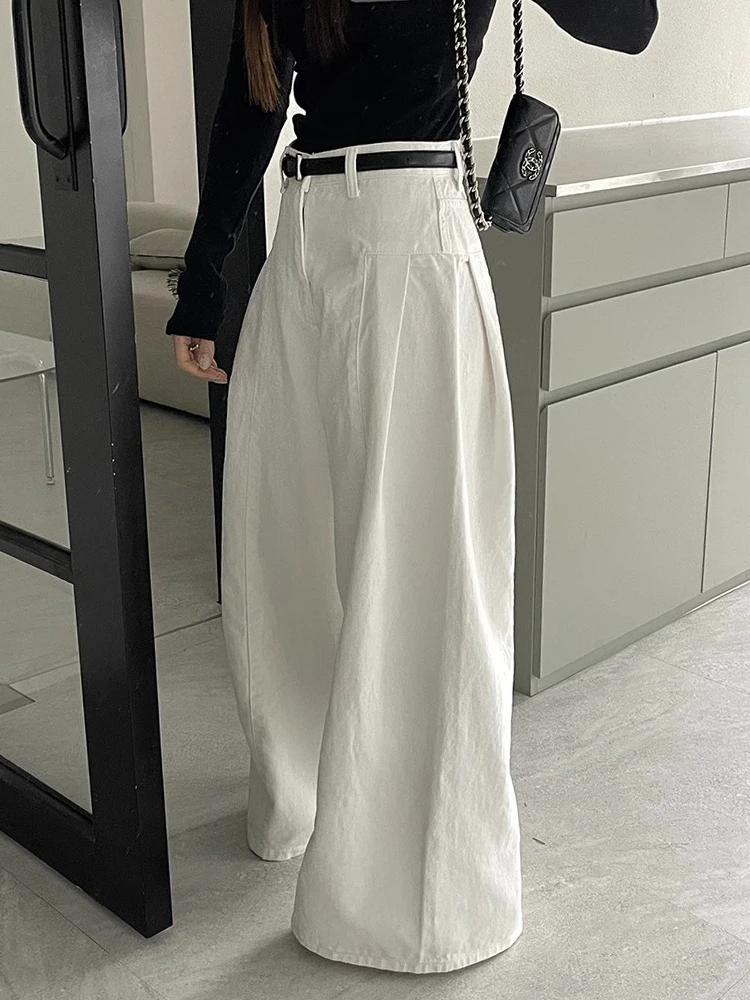 

Spring High Waist Wide Leg Casual Women's Jeans Side Pleated Design Chic Casual Loose Fit Denim Pants for Young Adults