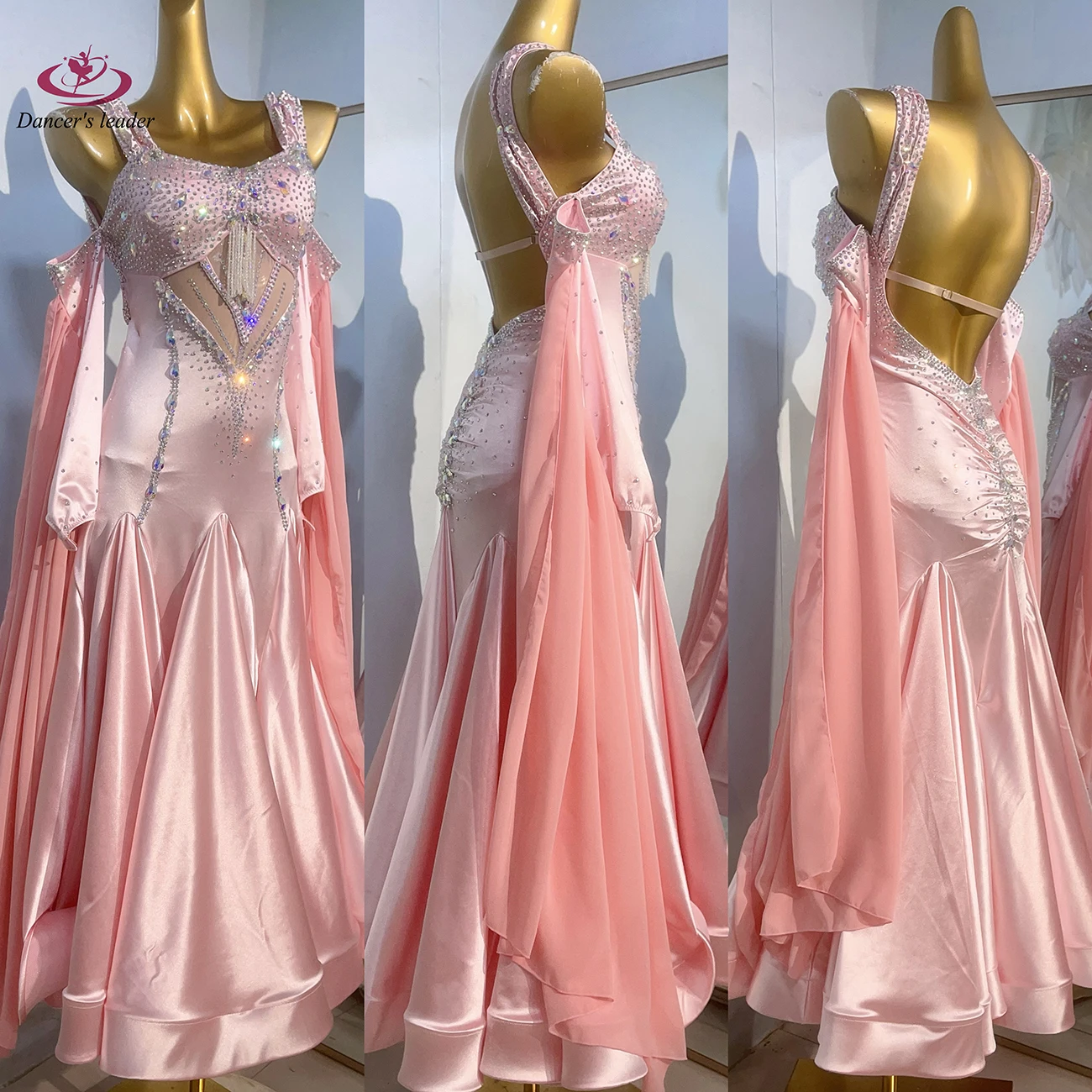 เต้นรําละตินผู้หญิง High-end ที่กําหนดเองสีชมพูโมเดิร์นตาข่ายชุดกระโปรงขนาดใหญ่,Tango Samba ประสิทธิภาพ Rhinestone ชุด