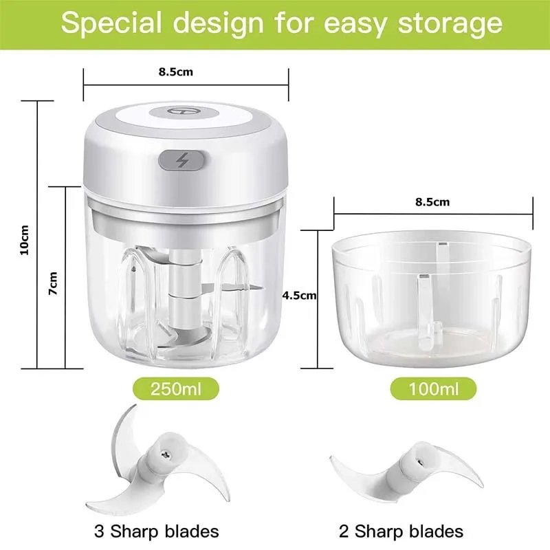 Electric Garlic Chopper Mini Portable Veggie Chopper 100/250ML Garlic Grinder Masher Onion Chopper Blender to Vegetable