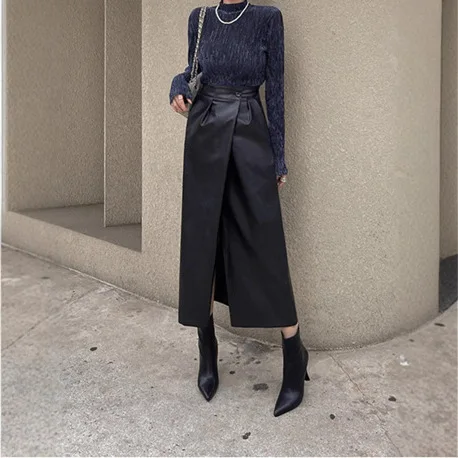 2026 Autumn Winter New PU Leather Half Skirt Fashion Irregular High Waist Skirts Temperament Slim Women Solid Color Split Skirt