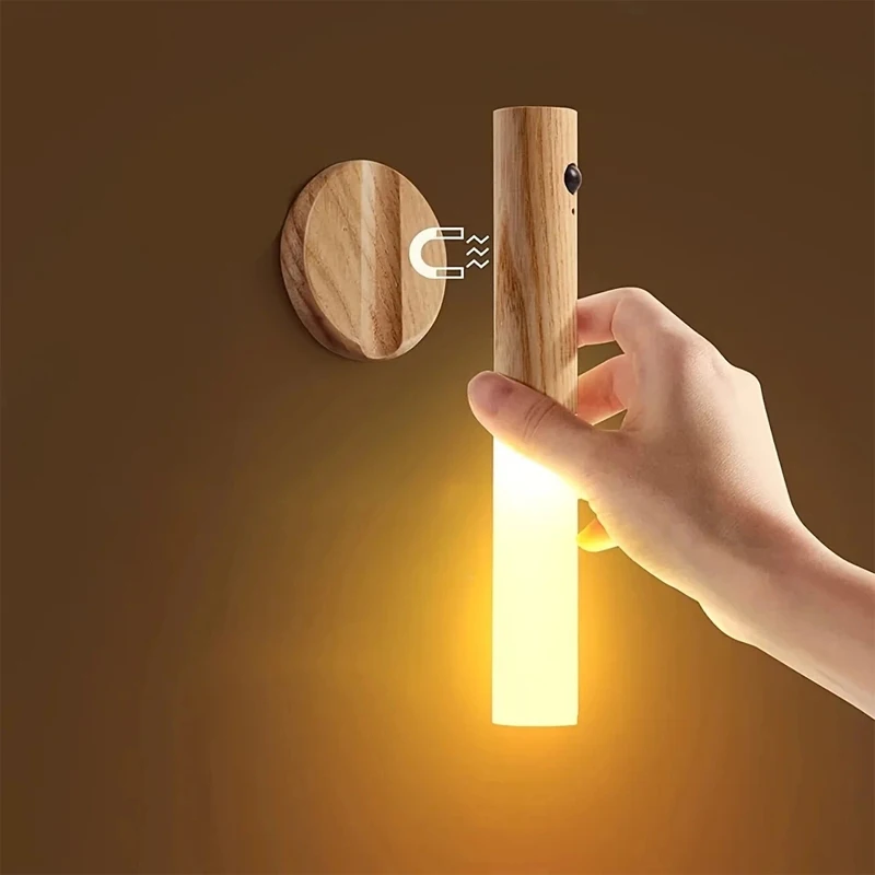 Creative Intelligent Auto Motion Sensor LED Rechargeable Magnetic Night Light Wood Wall Light Kitchen Cabinet Light Lamp