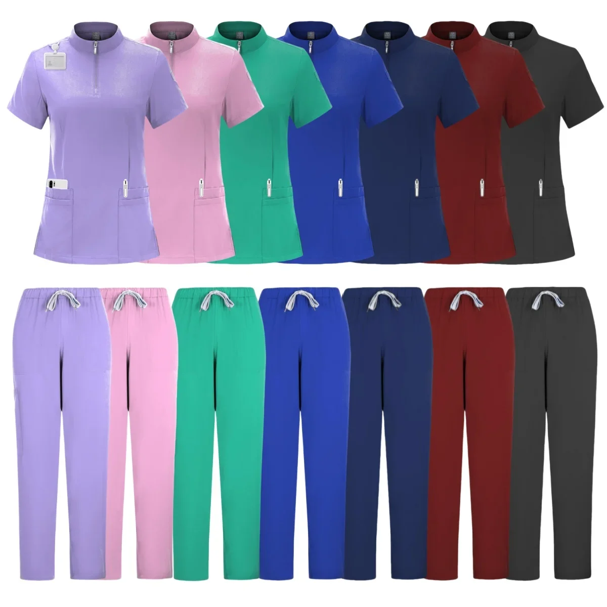 Women's 4-Pocket Zip-Neck Short Sleeve Scrub Top Nurse Uniforms Women Medical Nurses Accessories for Hospital Doctor Uniform