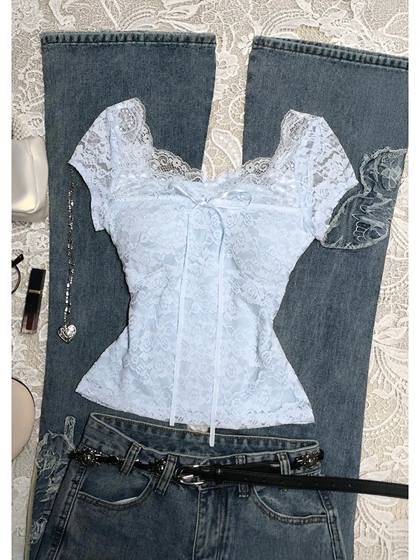 Słodka koronkowa bluzka dla kobiet z węzłem, żółto-brązowa, vintage, letnia, BaoYao Girl, oryginalny projekt, mieszanka bawełny.