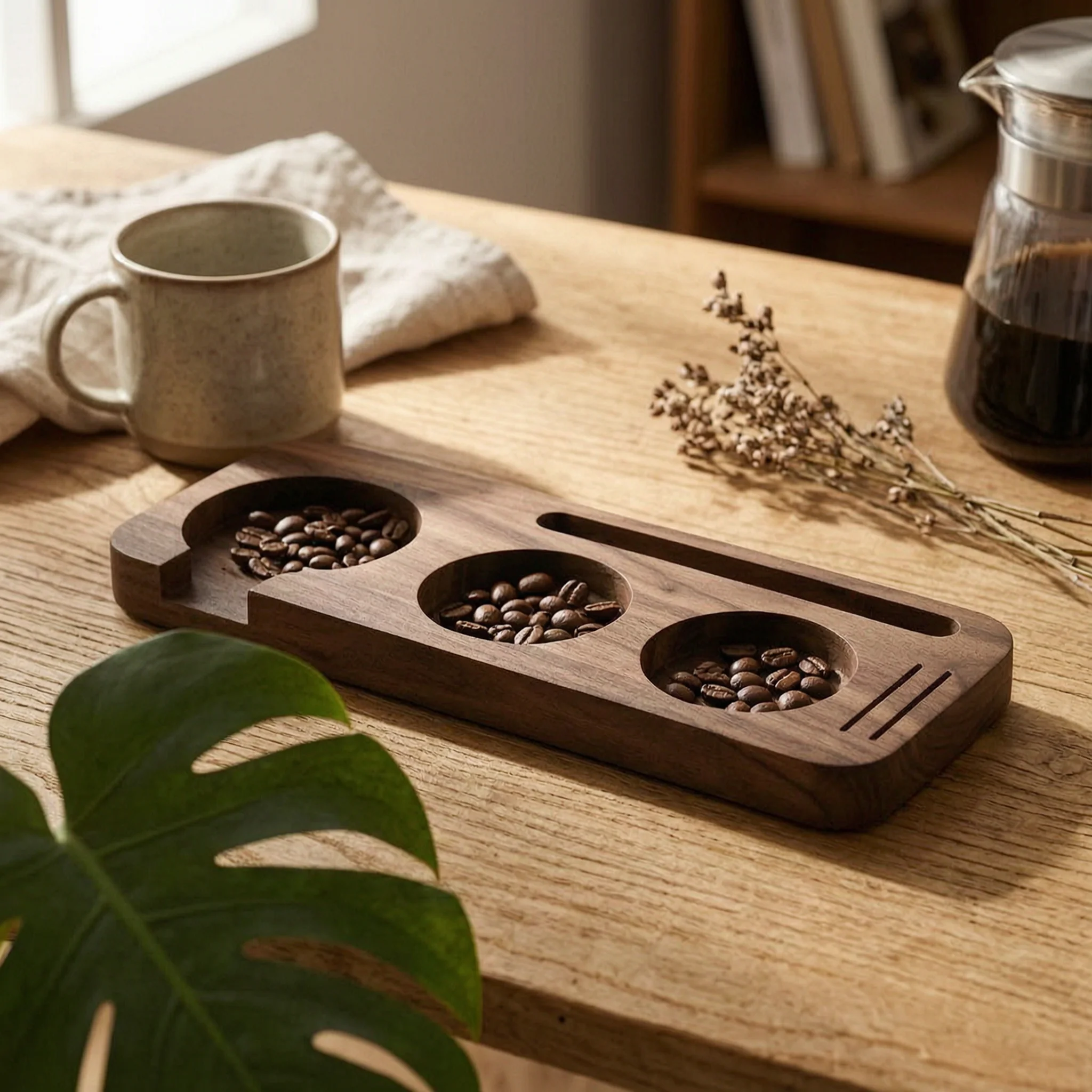 Wooden Tamper Base Three Cutouts Espresso Storage Board Tamper Holder Board Grooved Portafilter Holder Station Easy to Clean