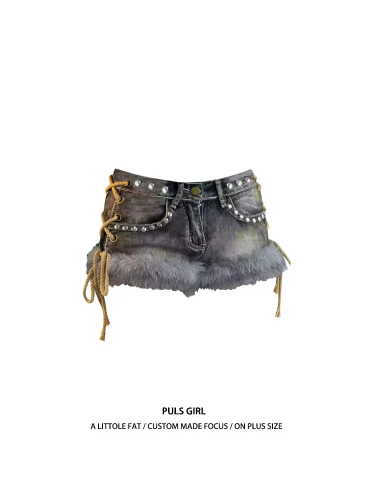

Retro American Washed Faux Leather Patchwork Slimming Women's Shorts Trendy Hot Pants Low Waist Commute Style Casual Wear