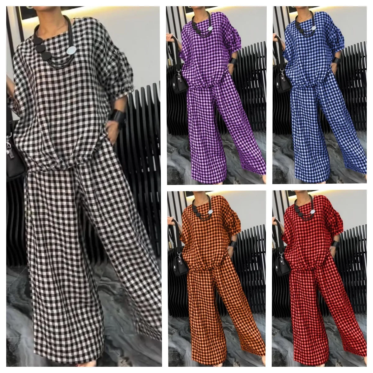 Women Two Piece Set Fashion 2025 Spring Summer New Fashion Checkered Elastic Printed Back Drawstring Button Wide Leg Pants Suit