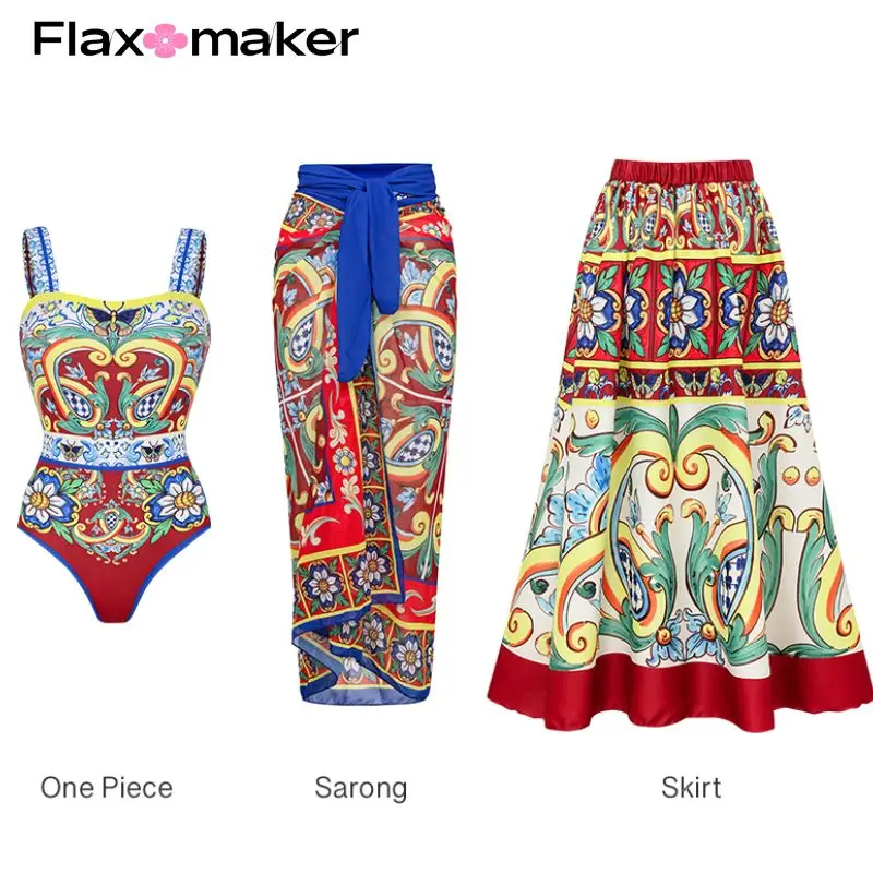 

FLAXMAKER Printed One Piece Swimsuit and Skirt Women Swimwear Push Up Bathing Suit Monokini