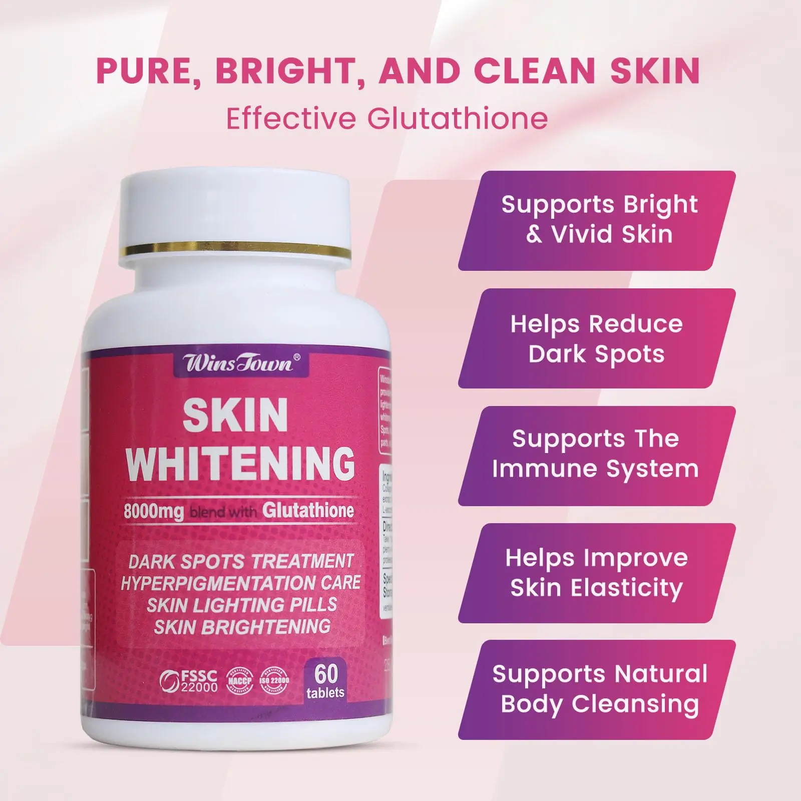 

8000mg Glutathione for Skin Whitening Pills Effective Skin Lightening Supplement Dark Spots Melasma Acne Scar Remover 60 tablets