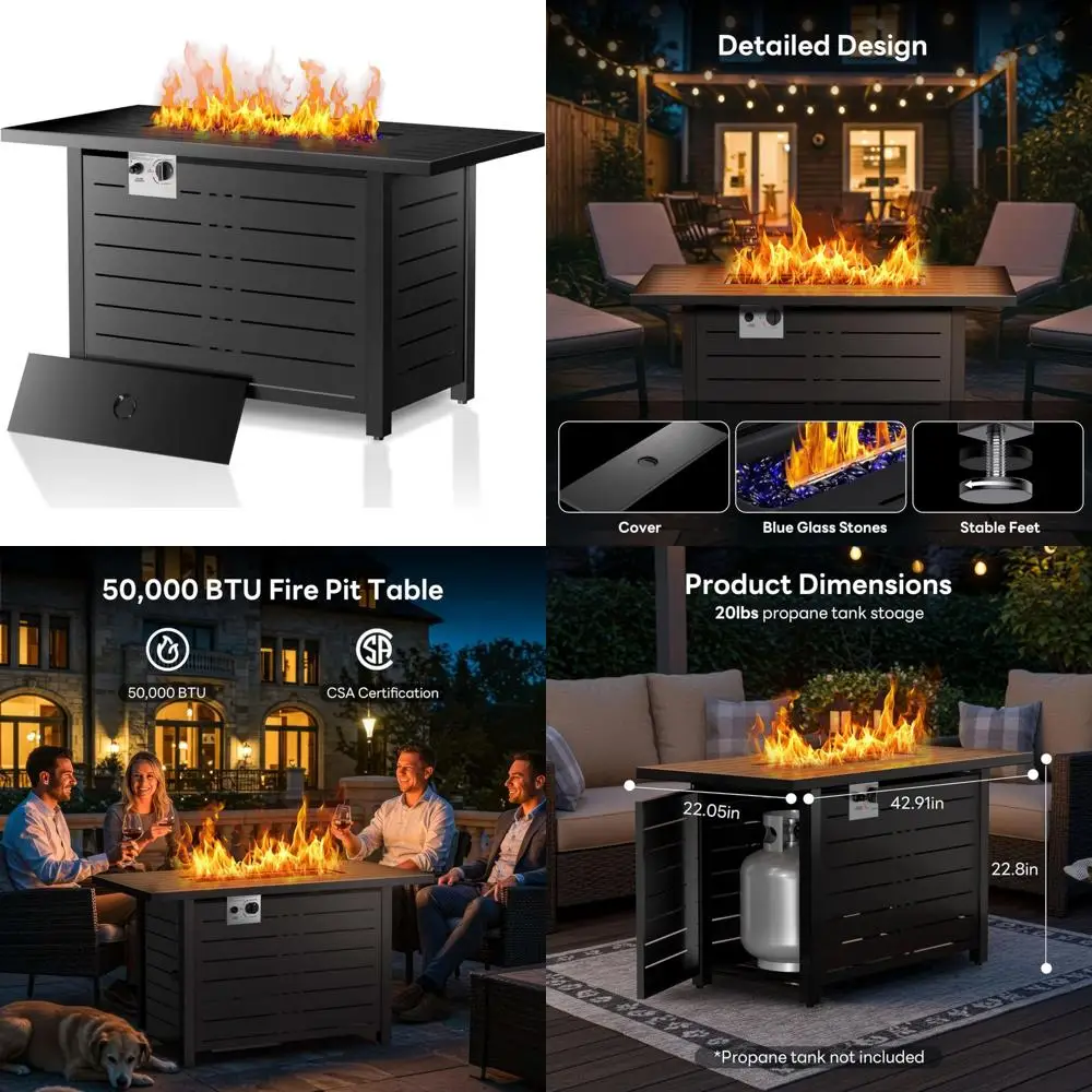 

Square 43 Inch Propane Fire Pit Table with 50,000 BTU, Multi-Functional Use, Steel Top, and Blue Glass Stones