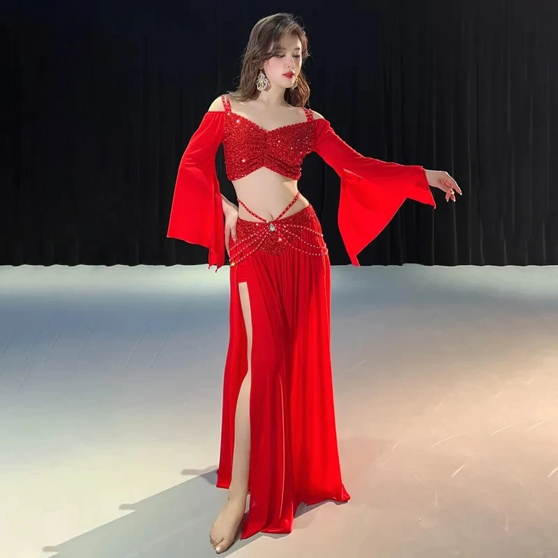 

Belly Dance Costume Set for Women Mesh Long Sleeves Top+gauze Long Skirt 2pcs Training Set Oriental Belly Dancing Wear Outfit