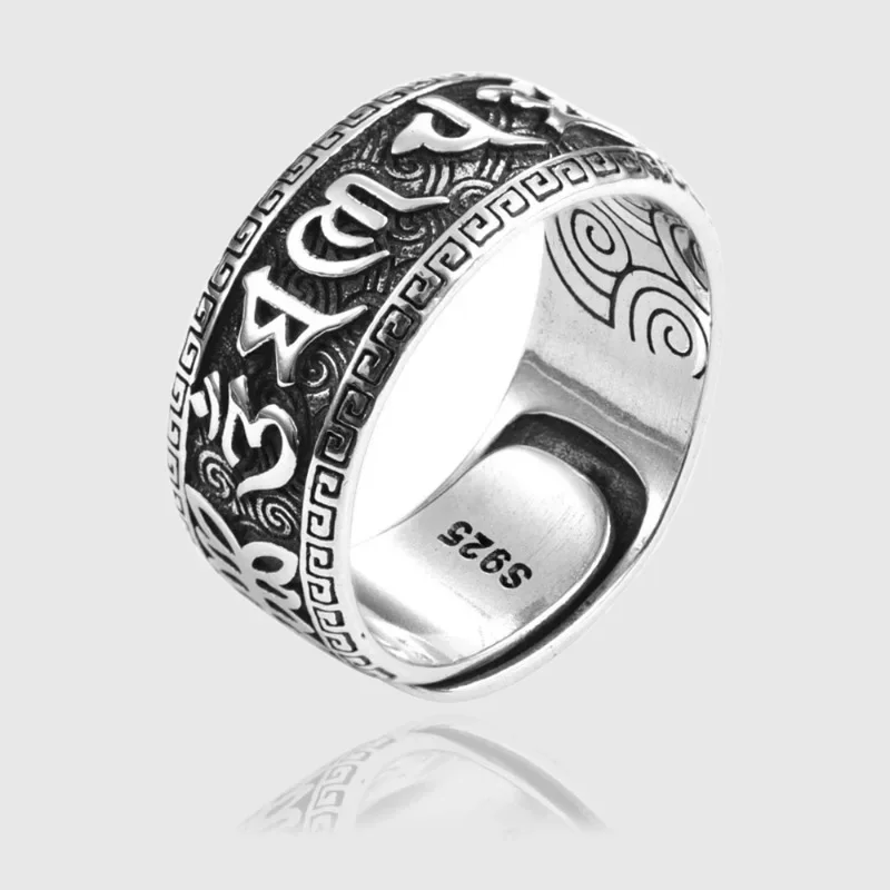 

925 Silver Ring Male Finger Accessories Personality Retro Buddhist Scripture Mantra Om Mani Padme Hum Ring For Men Adjustable