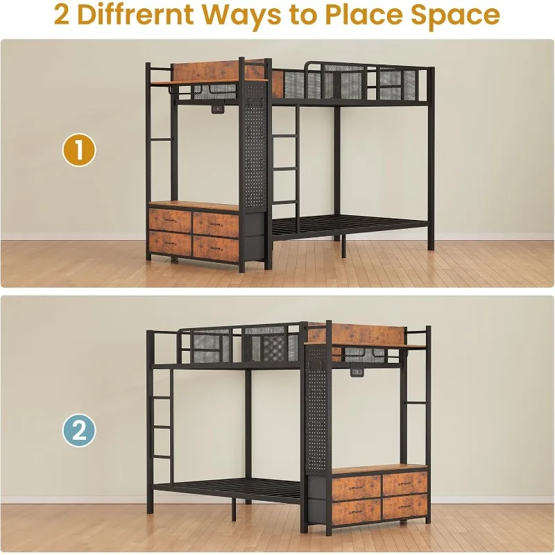 سرير معدني بطابقين مزدوج فوق شجرة القاعة، مخرج طاقة، سرير بطابقين LED مع 4 أدراج تخزين، سرير مع درابزين أمان