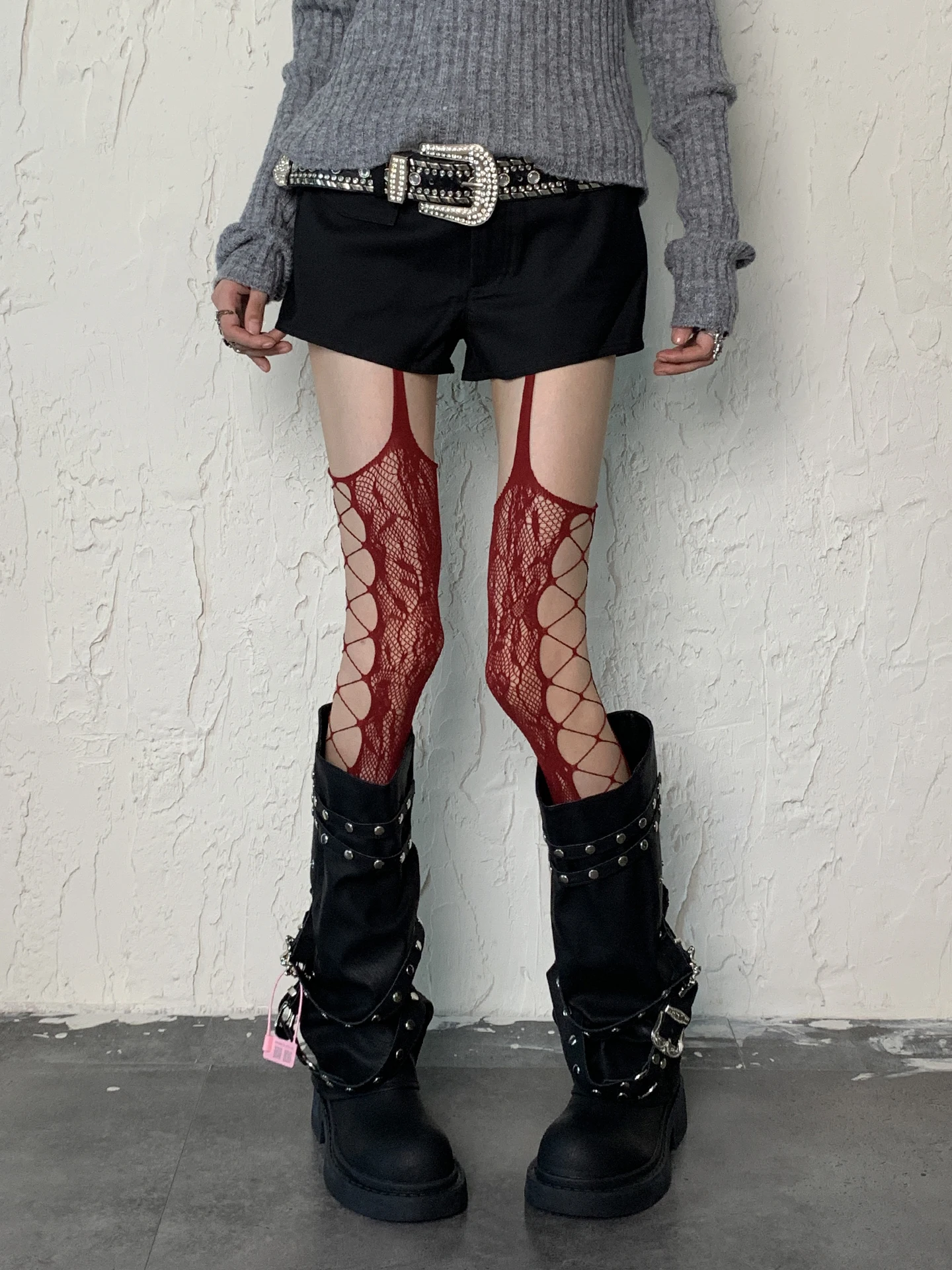 Y2K Subculture Japanese Lolita Style Pantyhose Wine Red Camisole Floral Fishnet Hollow Out Leggings Hot Girl Sexy Women's Socks