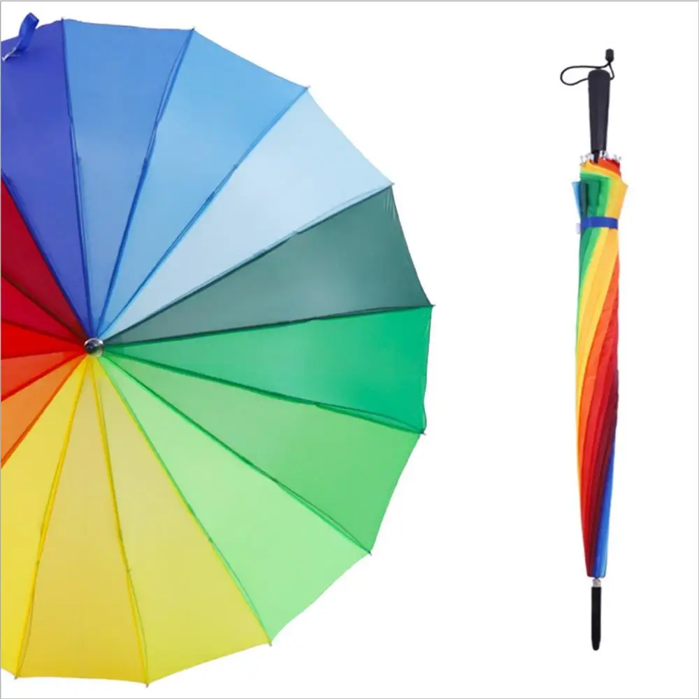 10pcs Rainbow Umbrella Long Handle Hook 16K High Quality Straight Windproof Colorful Pongee Women Men Sunny Rainy