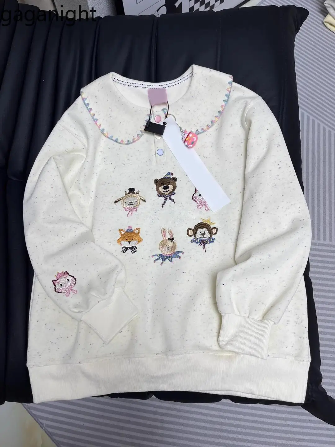 Gaganight Women Large Retro Cute Embroidered Animal Doll Collar Color Dot Hoodie 2024 Spring Autumn College Style Loose Jacket