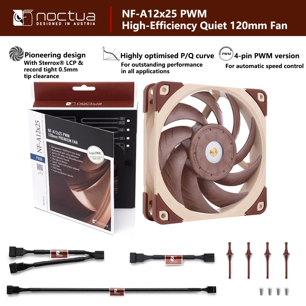 

NOCTUA NF-A12x25 ШИМ Высокоэффективный тихий вентилятор 120x120x25 мм Chromax.Black. Сменный 4-контактный кулер процессора Интеллектуальный контроль температуры
