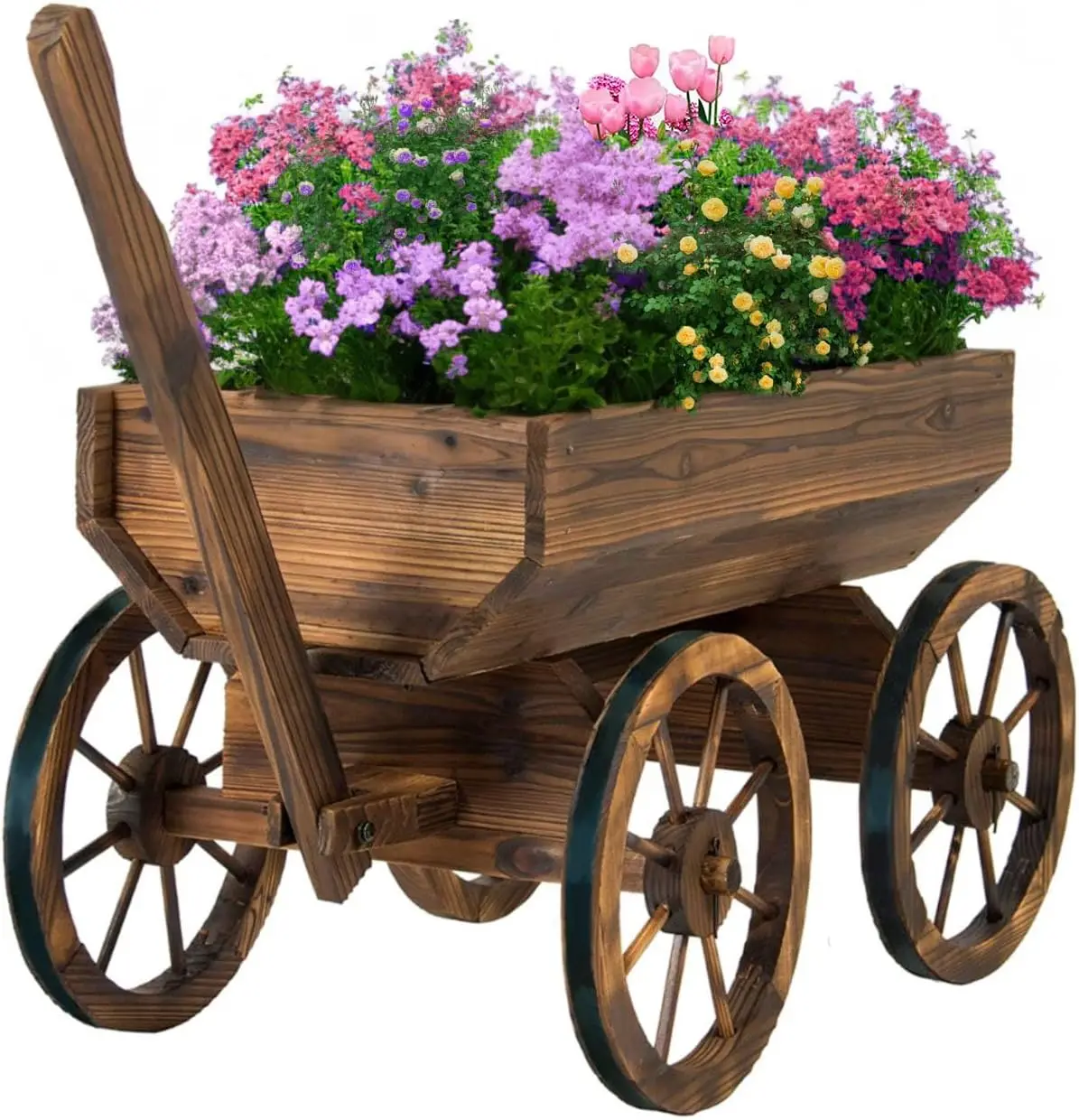 Wood Wagon Planter Outdoor Balcony Decor Garden Rustic Wooden Flower Cart Wheels Outside Decorative Indoor Wheelbarrow Planter P