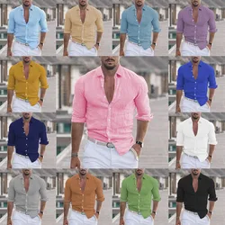 Camisa de playa con solapa de lino y algodón para hombre, ropa de vacaciones Hawaiana de manga larga, color sólido, primavera y verano, novedad de 2024