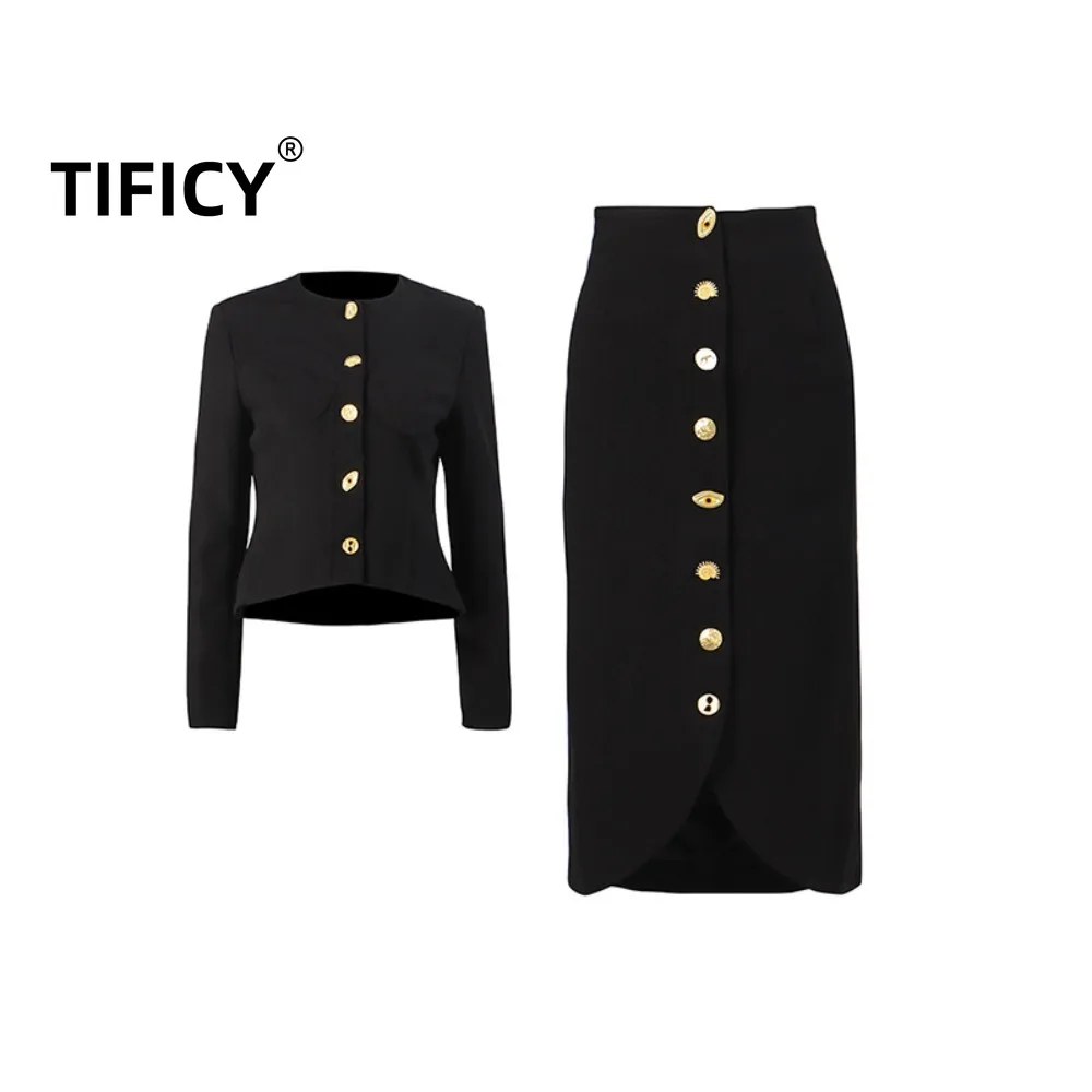 French Style Small Fragrant Style Set Women's Waist Cinched Single Breasted Round Neck Top+solid Color High Waisted Skirt