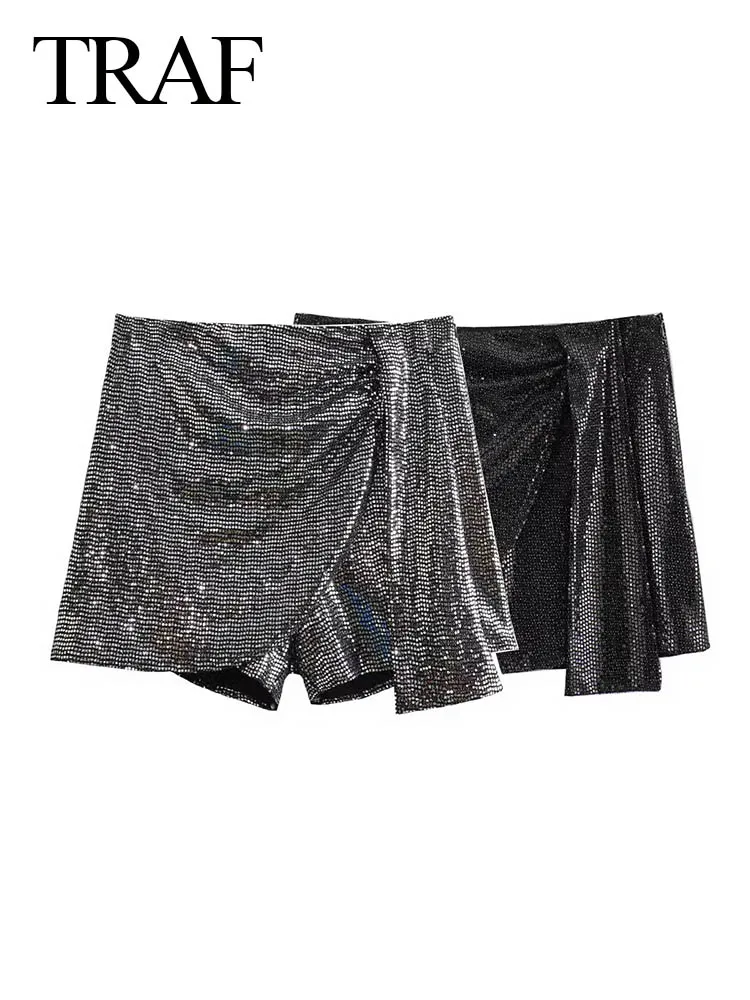 

Shorts Elegant Party Club Woman Clothing Sexy Zip Slim Shorts TRAF 2024 Women Sequins Wrap Shorts Skirt Street High Waist