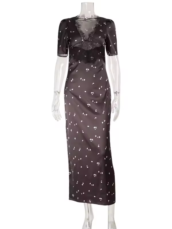 Lace Patchwork Printed Maxi Dresses For Women Fashion Sexy Streetwear Short Sleeves Slim Hollow Out Long Vestidos Robes Female - Image 6