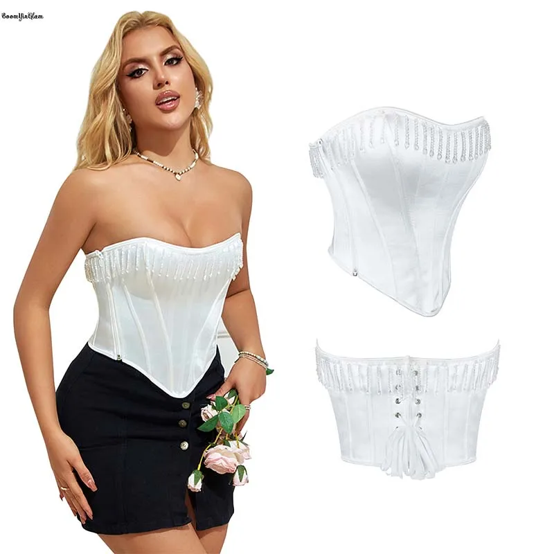 

16 Fishbones Supported Wedding Women Cloting Zip Up White Crop Top Satin Overbust Corset With Rhinestone Tassuel