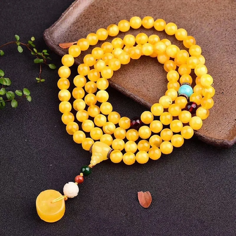 Gift Amber Yellow Beeswax Full-Honey Buddha Bead Bracelet 108 Beads Sweater Chain