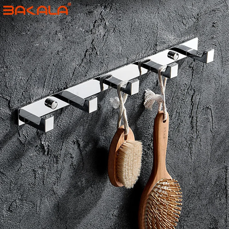 BAKALA Luxury Chrome Single Hook Square Solid Brass Coat Hook Door Back Hook Bathroom Kitchen Hooks 1/2/3/4/5/6Towel hook