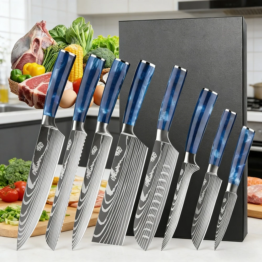 ZENG 8-teiliges Küchenmesser-Set aus Hochkarbon-Stahl mit Damastmuster und Blauem Kunstharzgriff, Ultrascharfe Kochmesser mit Geschenkbox