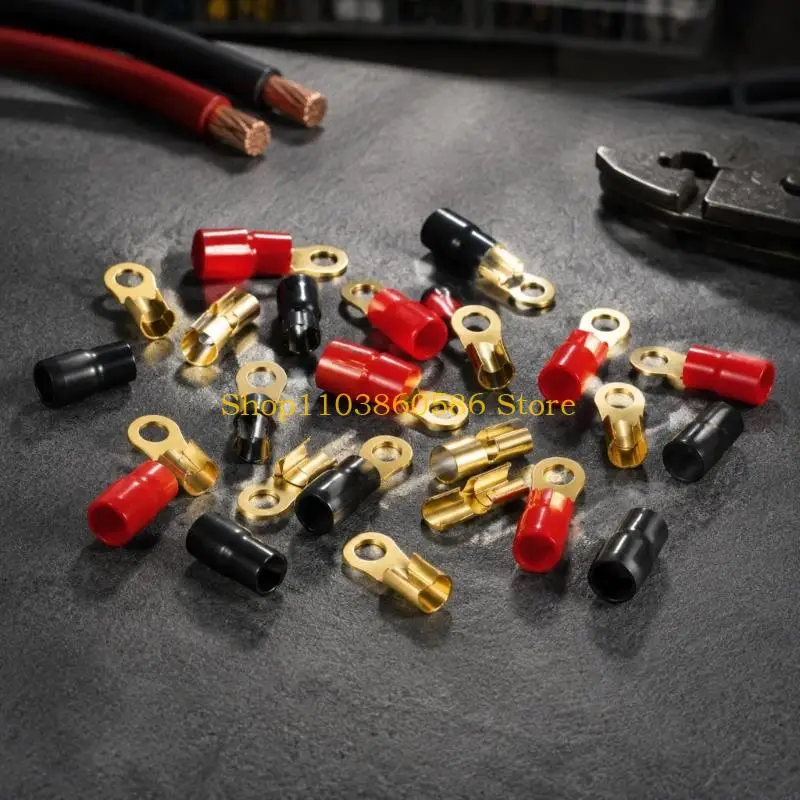 242A Red and Black 4 AWG Wire Terminal Set for Automotive Sound Systems, 20 Brass Eyelet Pieces and 20 Separate Sleeves for