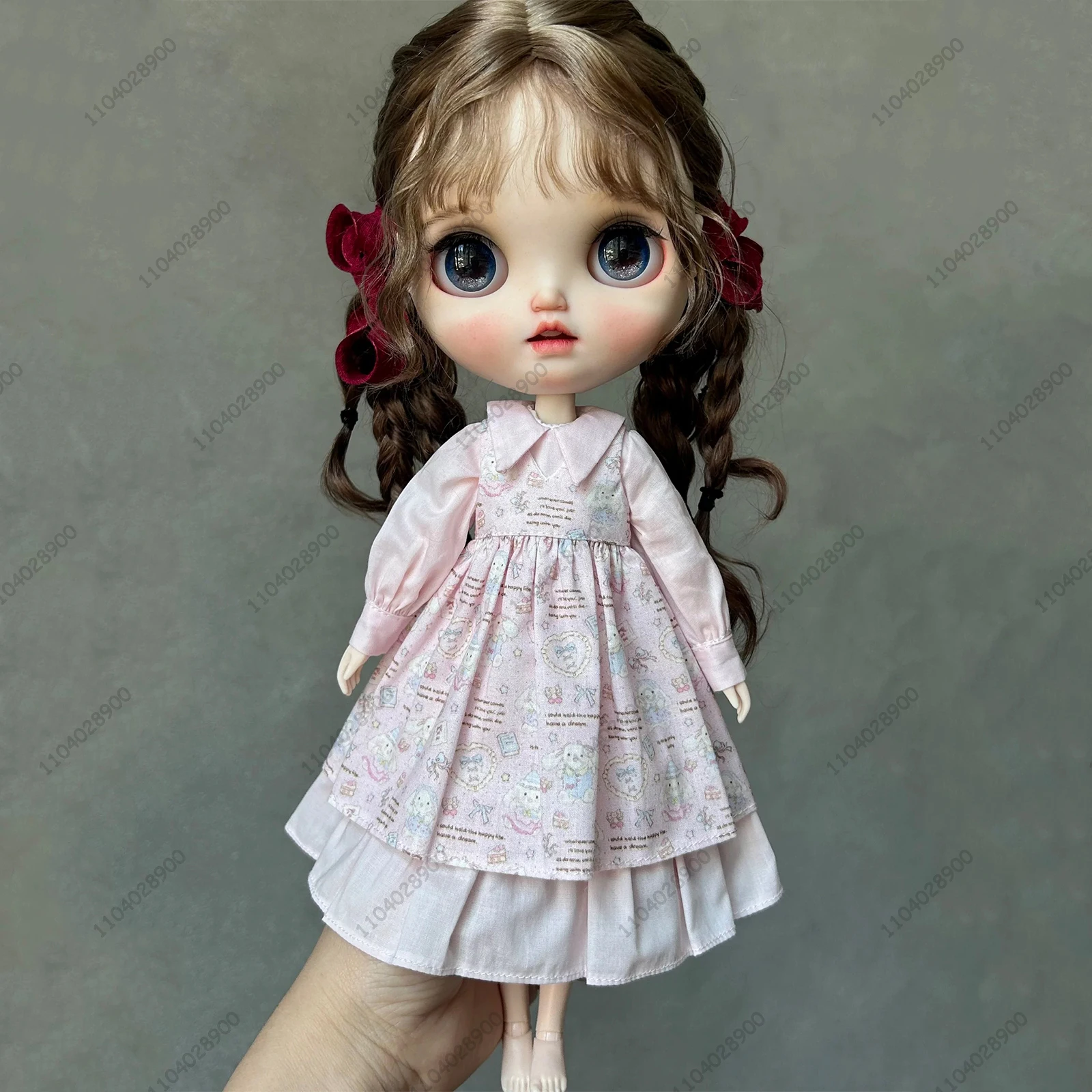 For Blythe Doll 30cm Azone Doll Clothes Pink Patterned Dress Cottagecore Floral Print Plaid Dress Puff Sleeves Long Sleeve Dress