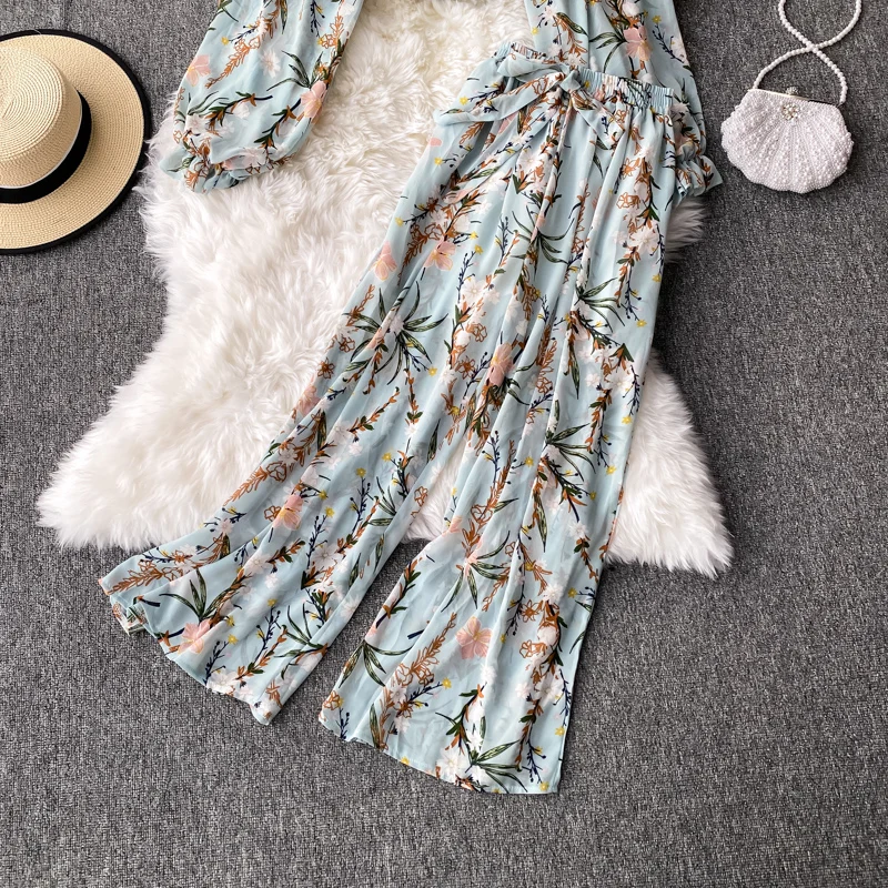 여름 세트 여자 꽃 두 조각 세트 의상 슬래시 목 튜닉 폴드 자르기 탑 붕대 넓은 다리 바지 정장 여름 쉬폰 세트