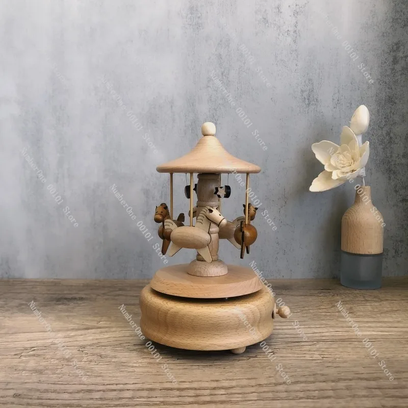 Elegant Wooden Carousel Music Box Handcrafted Merry Go Round Ornament Creative Birthday Gift for Girls Romantic Desktop Decor - view 3