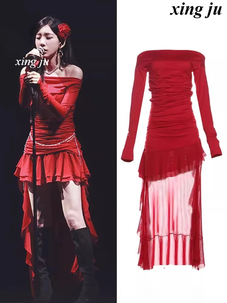 

Kpop Korean Singer Sexy Red Off-Shoulder Strapless Pleated Ruffled Ling Dress Women Jazz Dance Performance Clothes Stage Wear