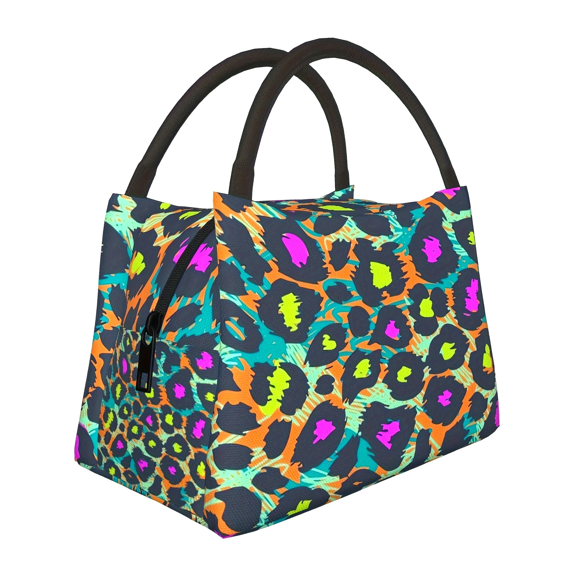 Neon Leopard Print Insulated Lunch Bag Durable Polyester Portable Food Cooler for Work School