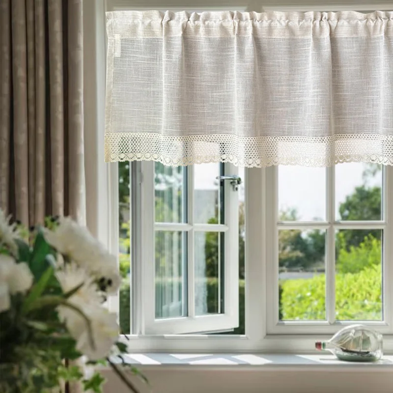 Solid Color Sheer Curtains with Crochet Lace Trim for Kitchen Cabinet Small Windows Farmhouse Lightweight Boho Window Decor