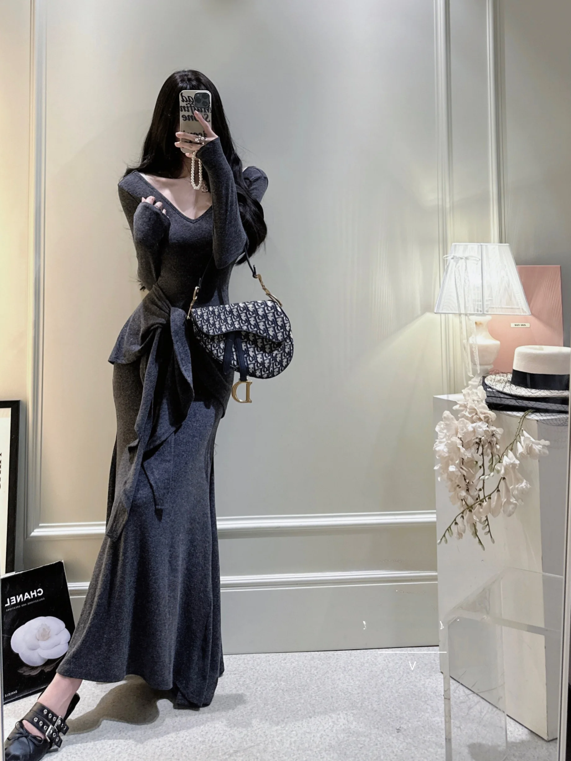 

Elegant Long Knitted Dress Belted Two-Piece Set Wrap around Fish Tail Design Sexy Slim Fit V-Neck Full Sleeve Four Seasons Wear