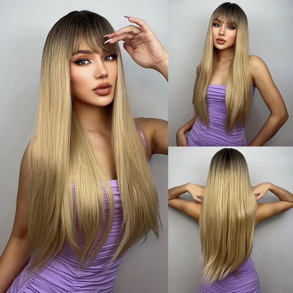 Brown Wigs For White Women Long Ombre Yellow Wigs With Bangs Synthetic Fashion Wig Cosplay Daily Use Heat Resistant Fiber