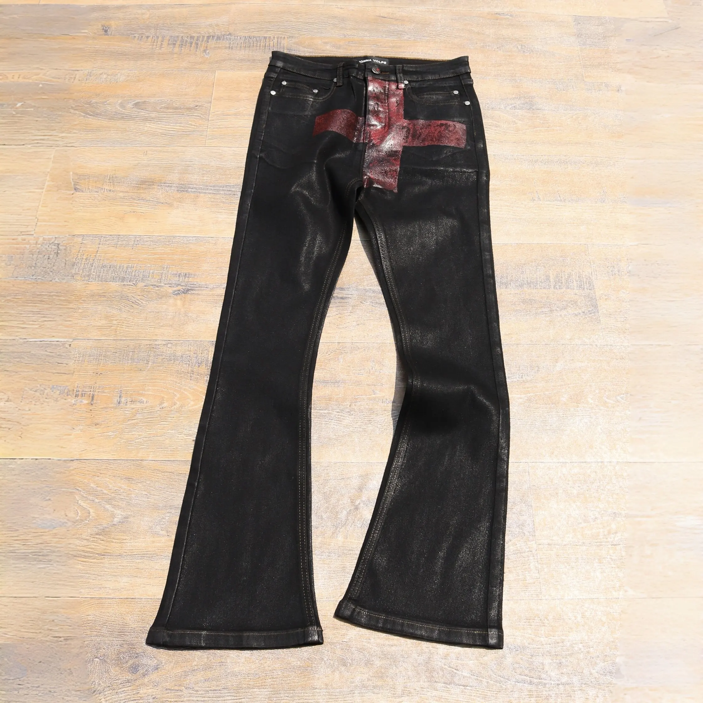 Mens Black Waxed Jeans Irregular Red Painted Design Fit Slight Flare Denim Pants for Alternative Streetwear Looks