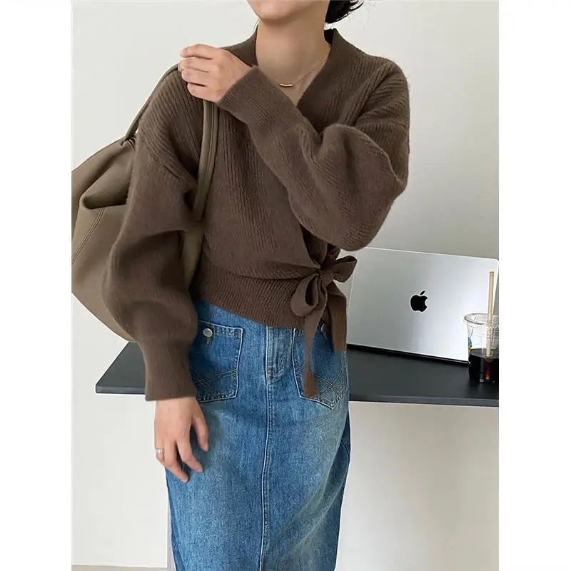 French Style Vintage Autumn Winter New Sweaters Women\'s V-Neck Solid Lace Up Fashion Loose Long Sleeve Pullovers Knitted Tops