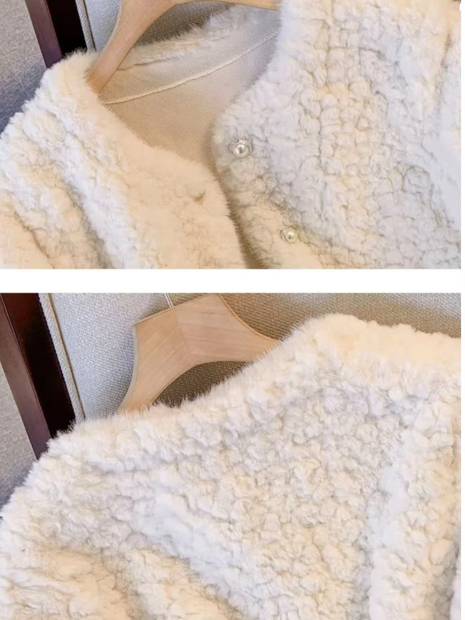 

Lamb Fur Jaet Women's Autumn Winter Thiened ort Plu Leather And Fur Inteated Small Size Faion Sle round Ne Top