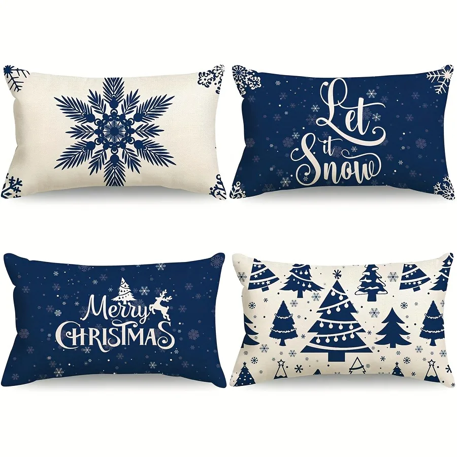 1 funda de almohada inspirada en la Navidad en azul marino y crema: diseños de copos de nieve, árboles, Let it Snow y Feliz Navidad, decoración para el hogar.