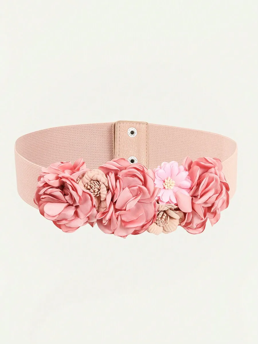 1pc Women French Elegant 3D Camellia Burnt Edge Handmade Fabric Flower Waist Belt With Elasticity And Simulation Flower Decor