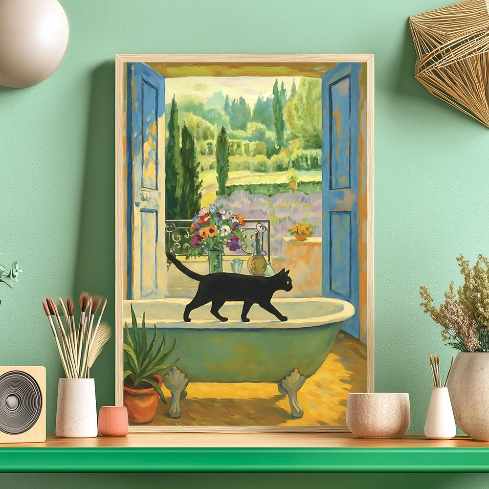 Katzen-Badezimmer-Poster im Vintage-Monet-Stil Kunstdruck Schwarze Katze Geschenk für Katzenliebhaber Ausgefallene Wandkunst Rustikaler Bauernhaus-Stil Haustier-Ölgemälde-Drucke